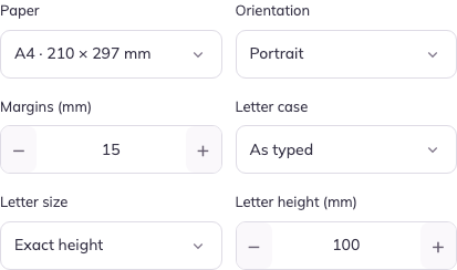 Réglages de l’éditeur en anglais pour A4 portrait, marges de 15 mm et lettres de 100 mm de haut