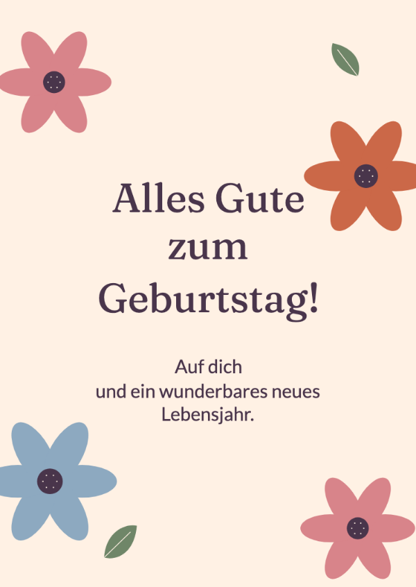Geburtstagsblüten: Große Scherenschnittblüten in Rosa, Orange und Kornblumenblau.