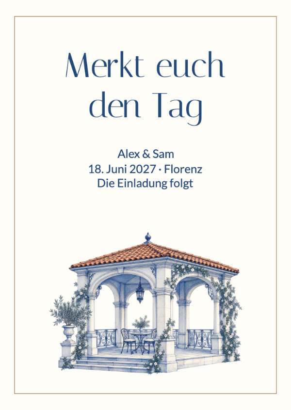 Wir treffen uns am Meer: Ein fein gezeichneter mediterraner Pavillon in Kobalt und Elfenbein.
