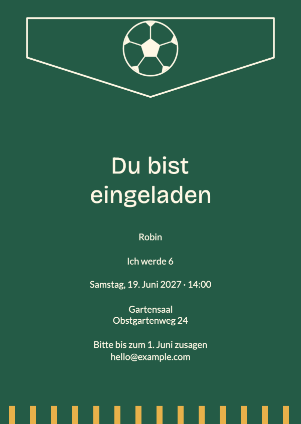 Die Geburtstagsliga: Ein verspielter Sportwimpel, ein illustrierter Fußball und Stadionstreifen.