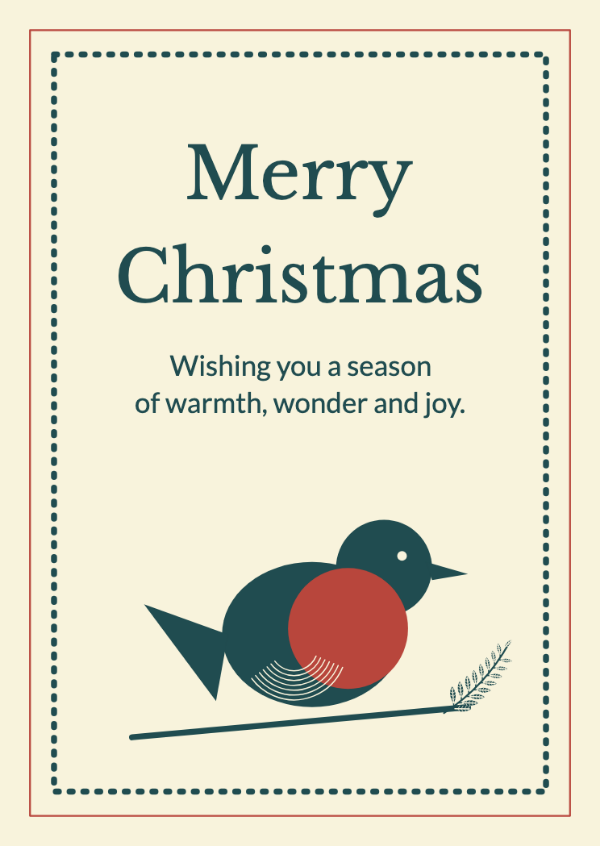 A robin in the post: A crisp two-colour print with a winter bird and perforated stamp border.
