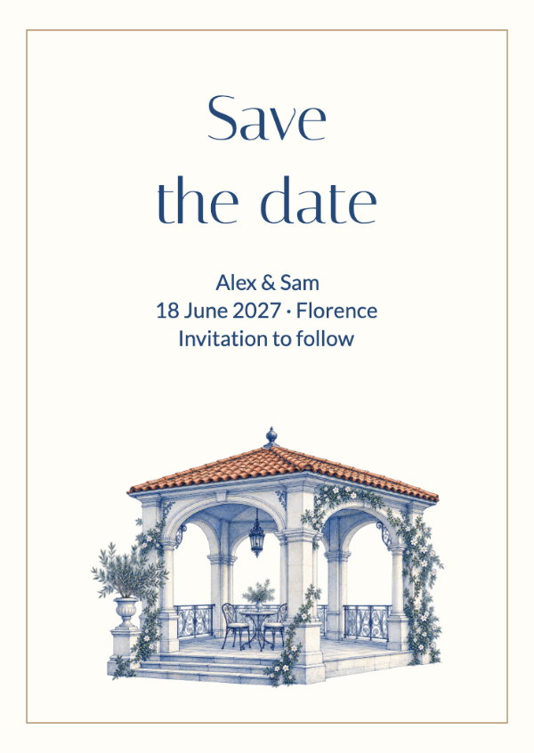 Meet us by the sea: A finely drawn Mediterranean pavilion in cobalt and ivory.