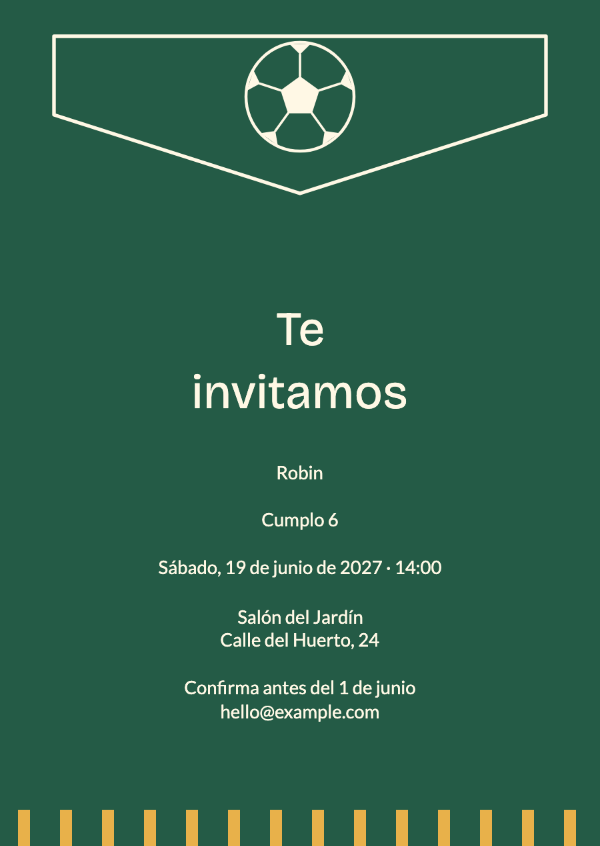 La liga del cumpleaños: Un banderín deportivo alegre, balón ilustrado y rayas de estadio.