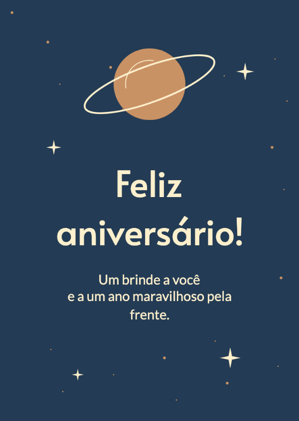 Mais uma volta ao redor do sol: Um planeta com anéis, linhas de órbita e estrelas espalhadas em azul profundo.