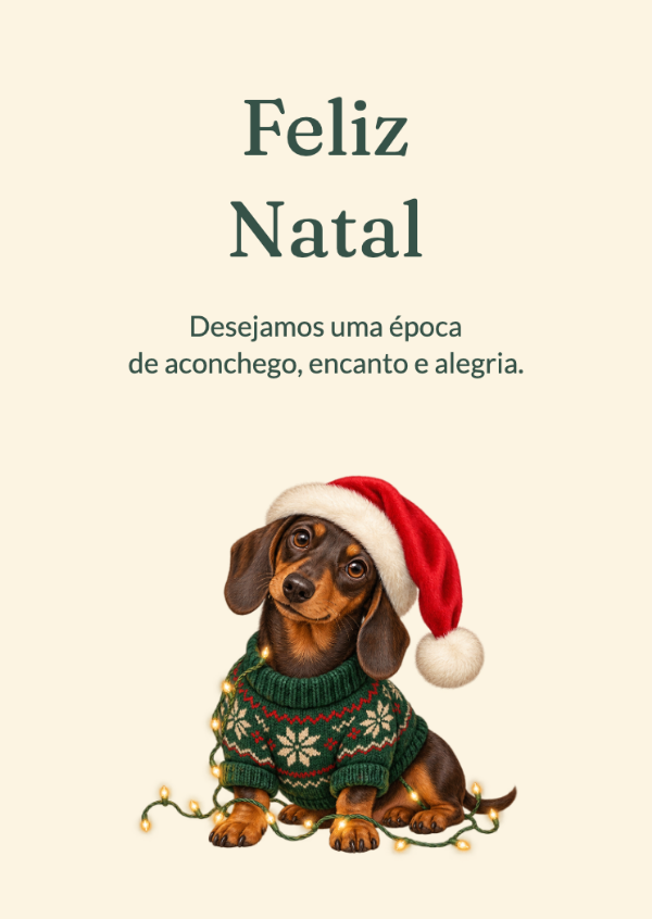As travessuras do Papai Noel: Um cachorro de orelhas longas, com suéter de tricô, enrolado em luzes festivas.