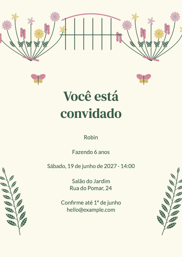 Um jardim cheio de desejos: Flores detalhadas, borboletas e um pequeno portão de jardim.