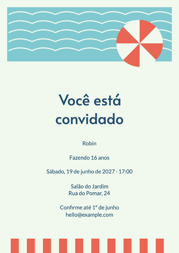 O clube da piscina: Uma piscina em estilo gráfico, um guarda-sol listrado e cores vivas de verão.