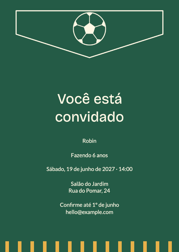 A liga dos aniversariantes: Uma flâmula esportiva divertida, uma bola de futebol ilustrada e listras de estádio.