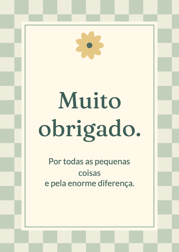 O bilhete alegre: Uma borda xadrez e margaridas alegres com uma fonte serifada descontraída.