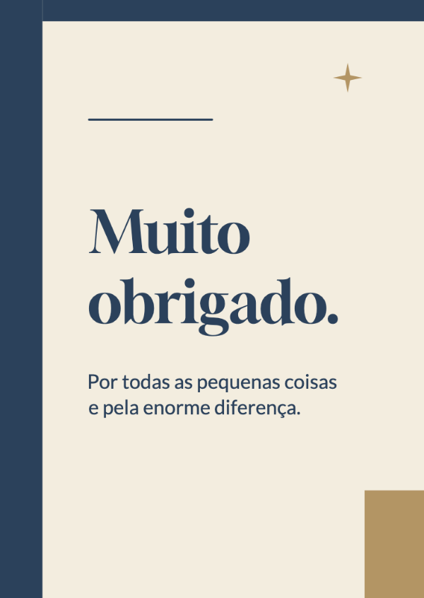 Uma mensagem de agradecimento: Uma borda assimétrica em azul-tinta e uma tipografia editorial marcante.