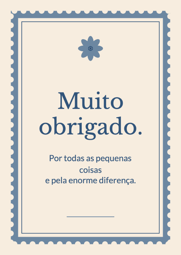 Uma pequena carta de agradecimento: Uma moldura de selo com borda recortada e uma pequena flor ilustrada.