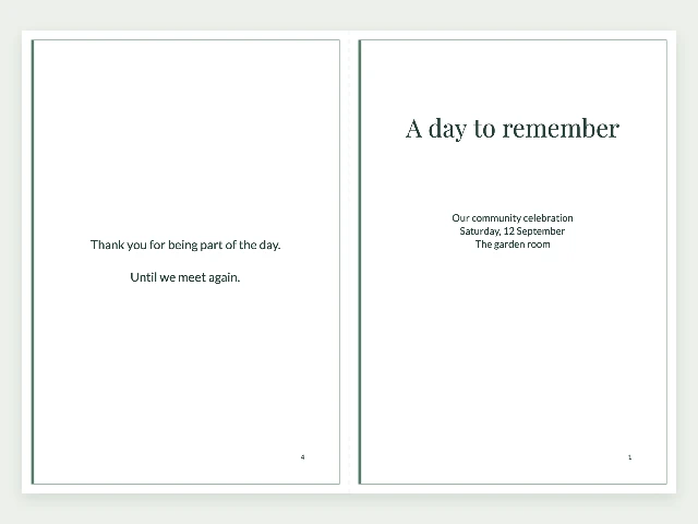 Event program maker for printable pages and booklets