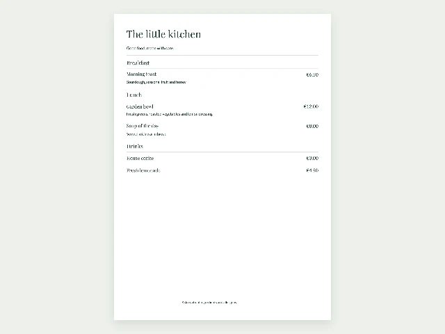 Printable menu and price list maker