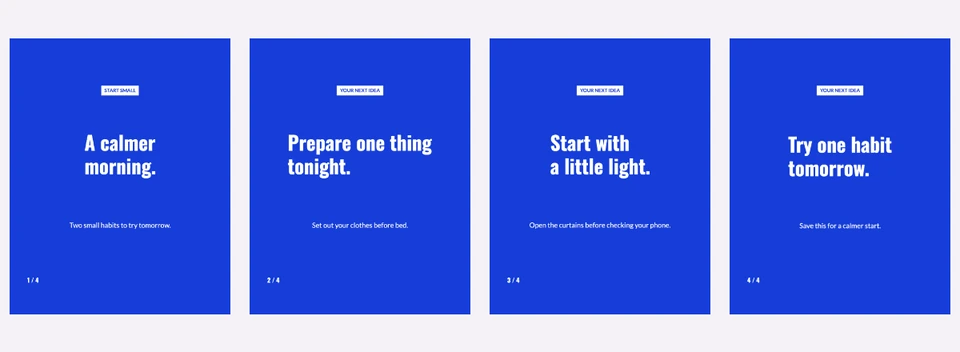 Four coordinated slides about a calmer morning
