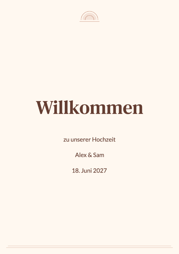Terrakotta-Abendrot: Sonnenbögen und Ränder in Terrakotta mit markanten Namen in Serifenschrift.