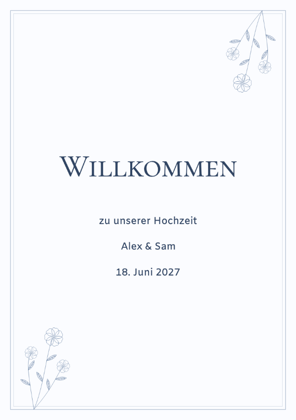 Ein Hauch Blau: Blaue florale Linienzeichnungen und ein zarter Rahmen mit traditionellen Kapitälchen.