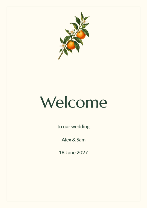 Citrus grove: Painted oranges, ivory blossoms and deep green leaves, paired with classical Marcellus lettering. A colourful suite for a sunlit garden celebration.