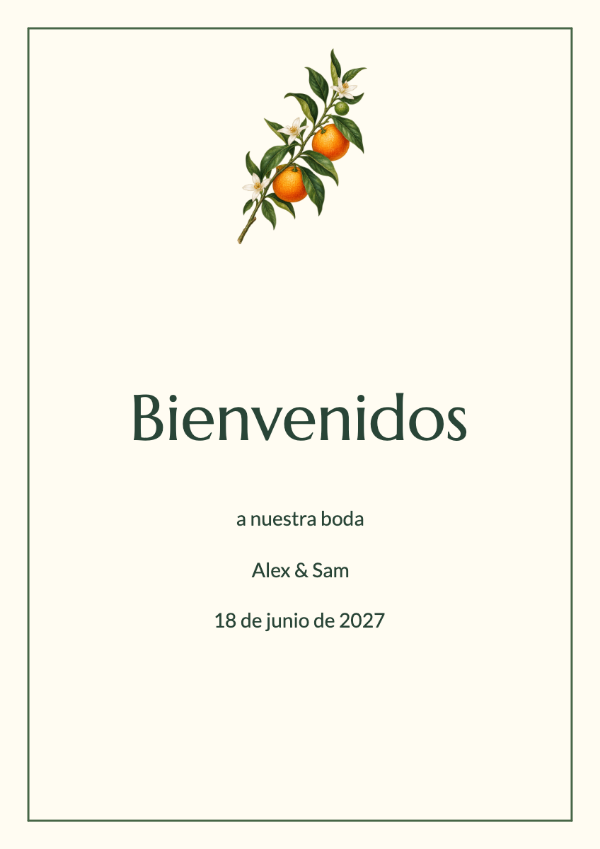 Jardín de cítricos: Naranjas pintadas, flores marfil y hojas de un verde intenso con la clásica tipografía Marcellus. Un conjunto lleno de color para una celebración en el jardín.