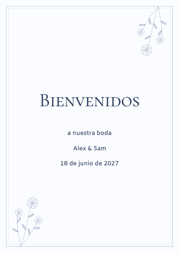 Un toque azul: Ilustraciones florales azules y un marco delicado con elegantes versalitas.