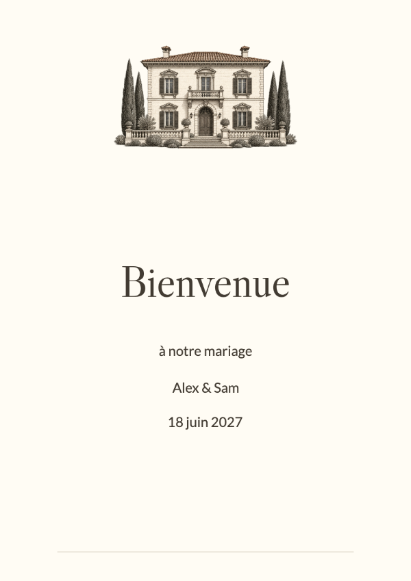 Villa italienne: Une villa italienne gravée, de délicates lettres Caslon et un ivoire chaleureux. L’illustration architecturale donne du caractère à chaque pièce, avec un espace généreux autour des prénoms.