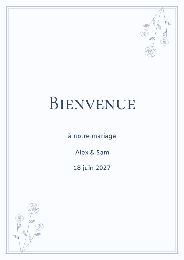 Une touche de bleu: Des motifs floraux bleus et un cadre délicat avec d’élégantes petites capitales.