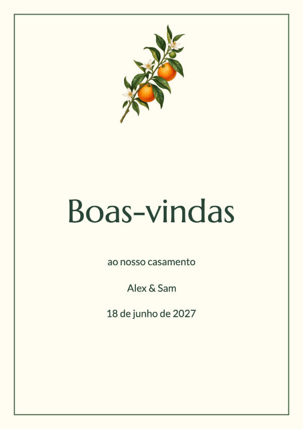 Pomar de cítricos: Laranjas pintadas, flores marfim e folhas verde-escuras combinadas com letras clássicas Marcellus. Um conjunto colorido para uma celebração ensolarada no jardim.
