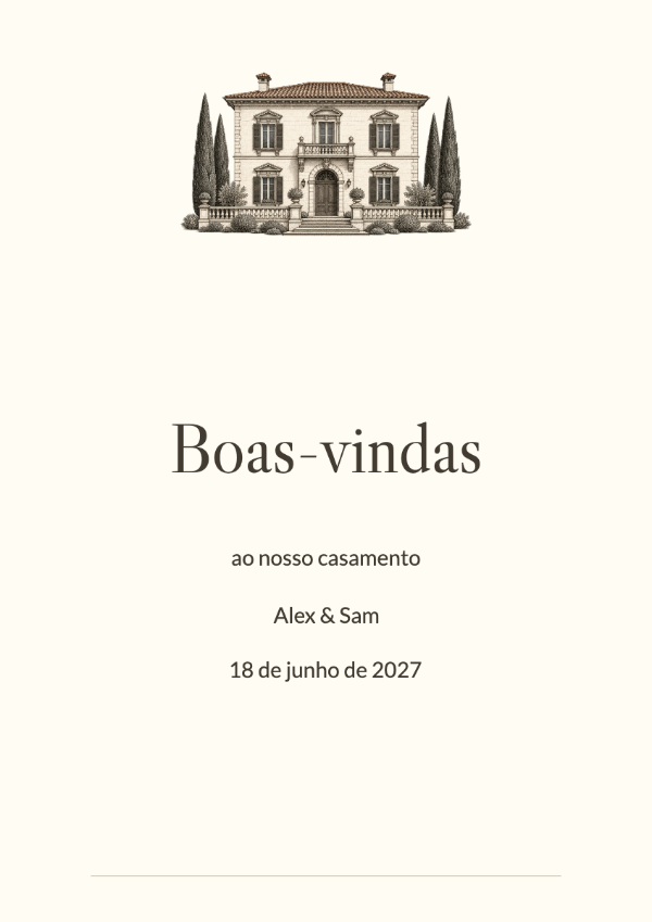Propriedade italiana: Uma residência italiana em gravura, letras delicadas em Caslon e um tom marfim acolhedor. A ilustração arquitetônica dá identidade a cada peça, com bastante espaço ao redor dos nomes.