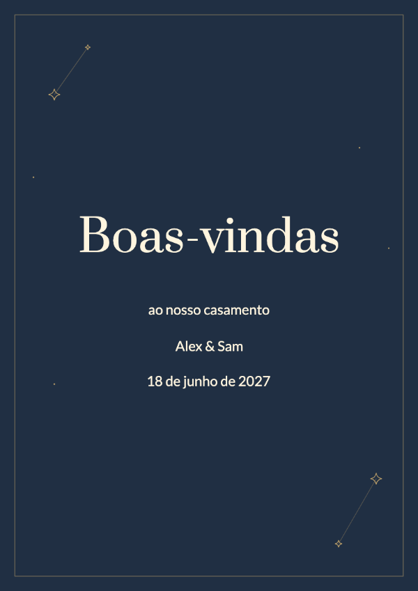 Estrelas da meia-noite: Fundo azul profundo, constelações delicadas e letras em tom creme para um casamento à noite.