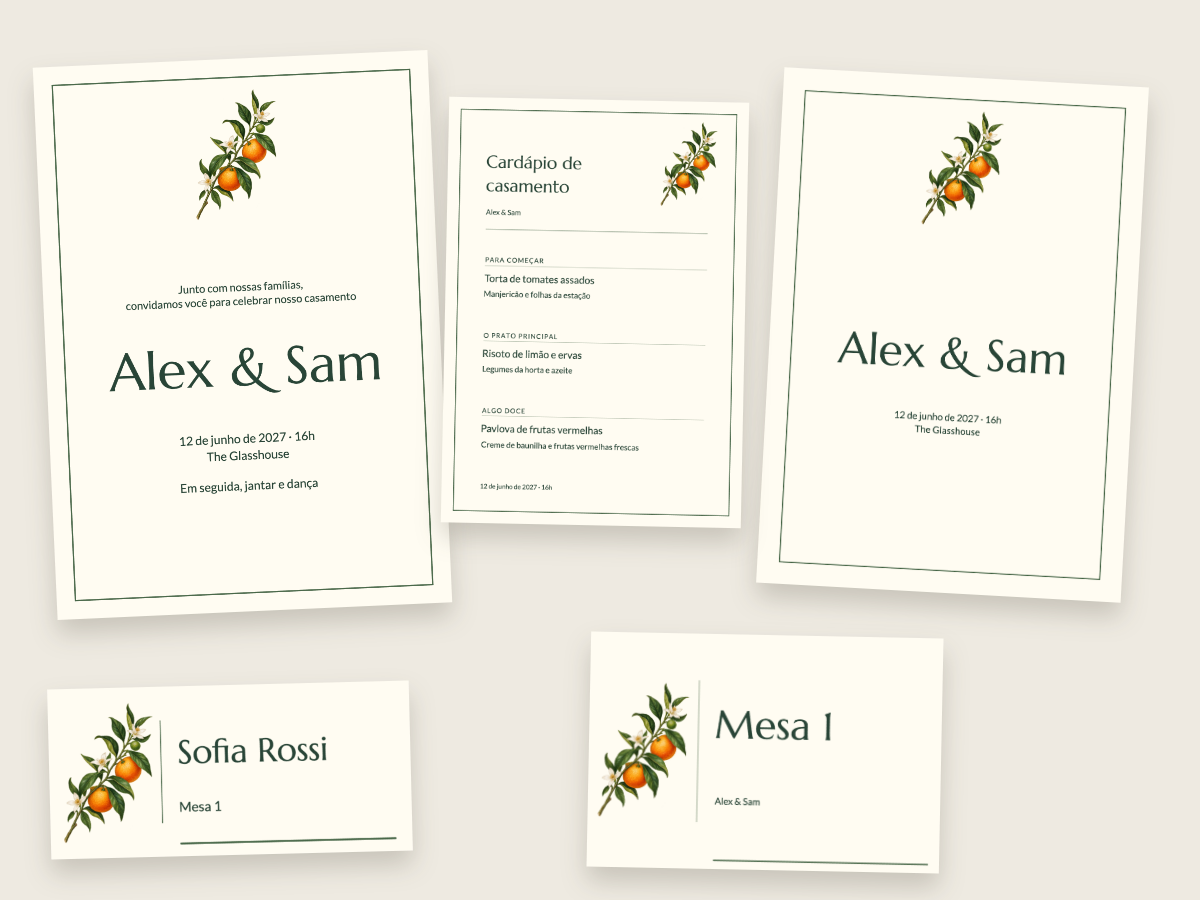 Um modelo coordenado de casamento feito com estas ferramentas editáveis