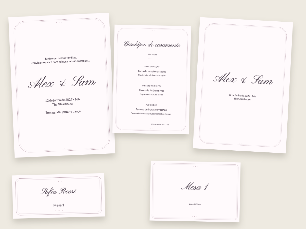 Modelo de casamento Romance perolado com as fontes Pinyon Script e Lato
